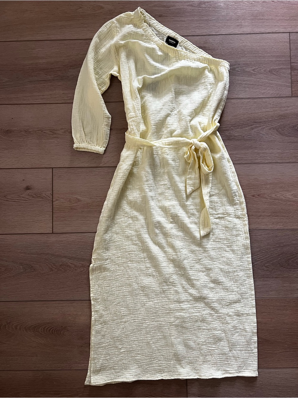 Monrow Yellow One-Shoulder 100% Organic Cotton Midi Dress with Tie Waist, L, NWT
